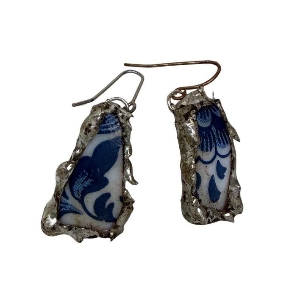 Handmade Blue White Porcelain Shard Drop Earrings Artisan Boho Ceramic Dangles